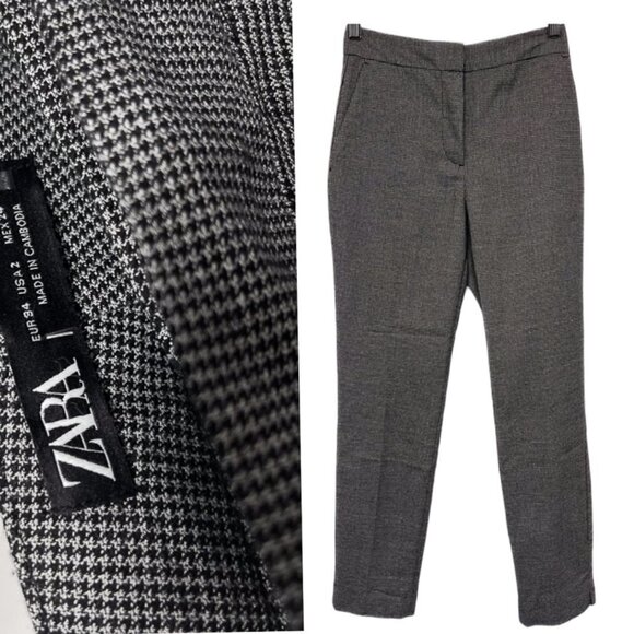 Zara Houndstooth Straight Leg High Waisted Ankle Trouser Dress Pants Slacks 2 - Picture 1 of 7